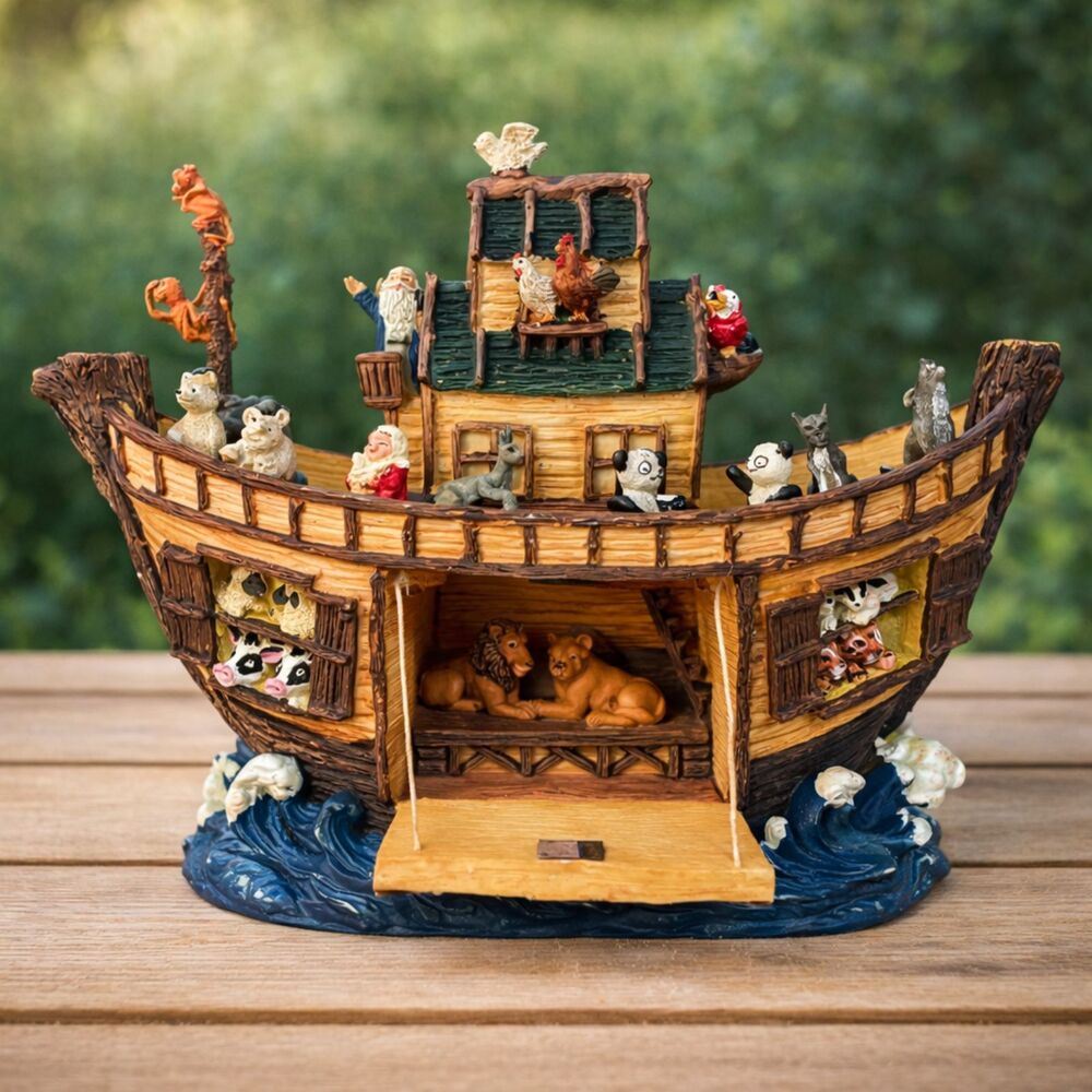 Vintage Noah’s Ark Resin Figurine Hand Painted Animals Boat Decor 11”